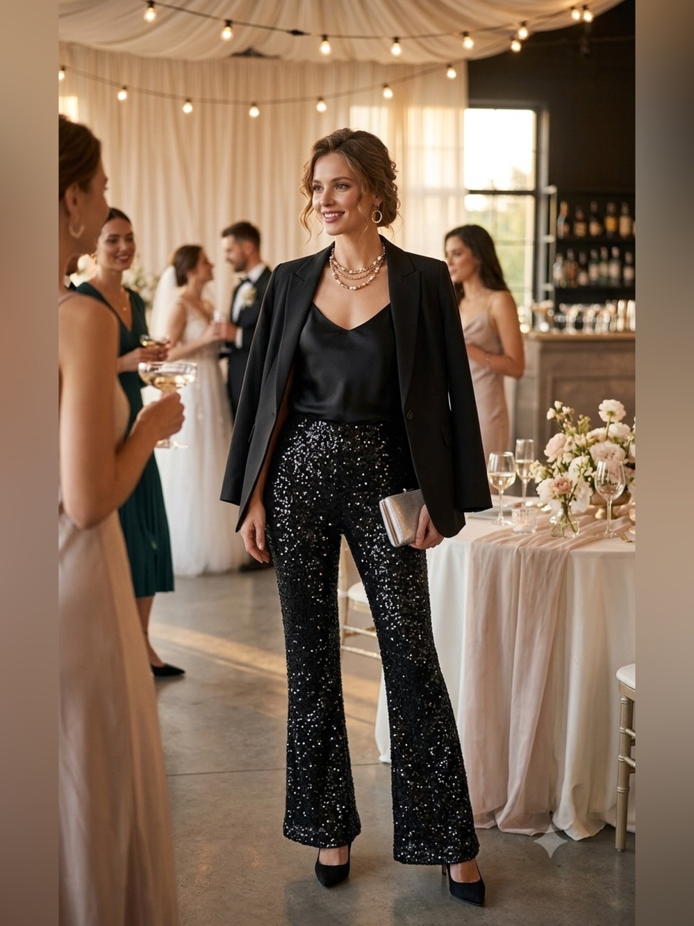 ZARA Black Sequin Flared Pants size medium